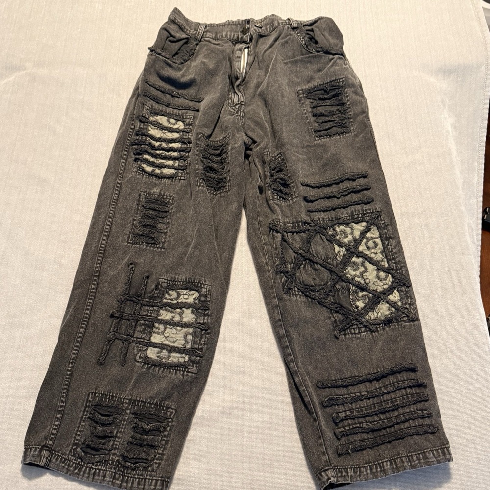 Paper Lace Womens M Black Distressed Lace Patch Wide Leg Jeans Y2K Boho